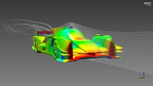ORECA 05 in the high downforce configuration. ANSYS CFD simulation software displaying the pressure field on the body surface and virtual wind streamlines. (PRNewsFoto/ANSYS, Inc.)